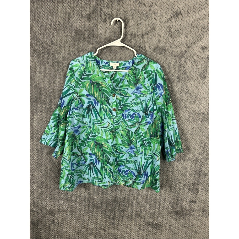 J. Jill popover top M blue green leaf tropical lightweight cotton 3/4 sl beach